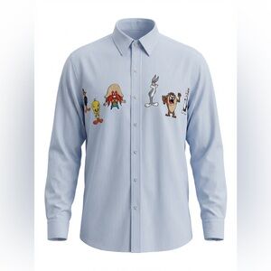 ACME CLOTHING CO. MENS BUTTON DOWN SHIRT LIGHT BLUE WITH LOONEY TUNES SIZE S/M